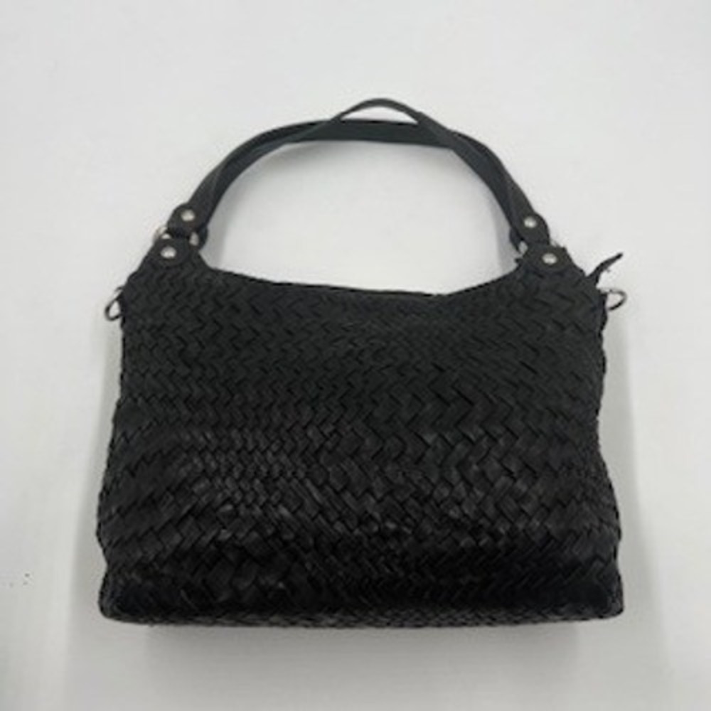 Enzo Poli Black Woven Leather Hobo Shoulder Bag‎ Silver Hardware Medium - Picture 3 of 16